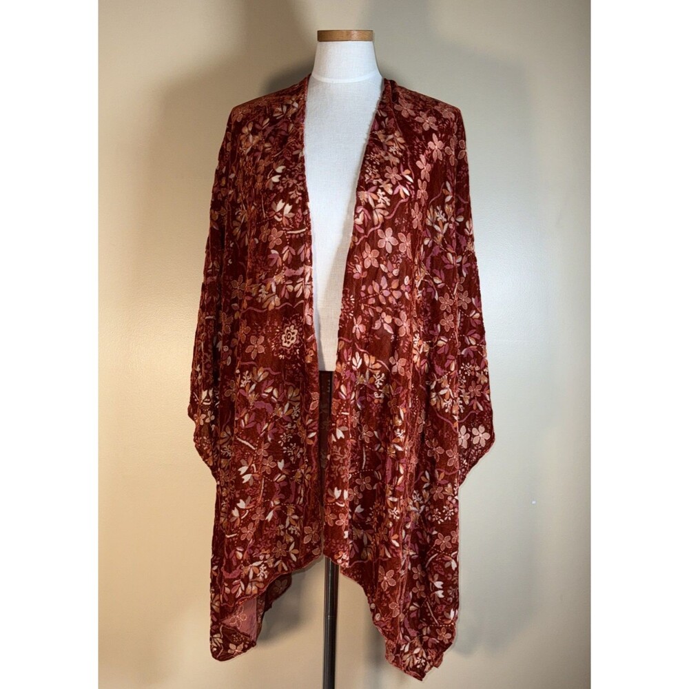 Torrid Burnout Ruana Kimono One Size Floral Velvet Burnt Orange Pink Floral Boho